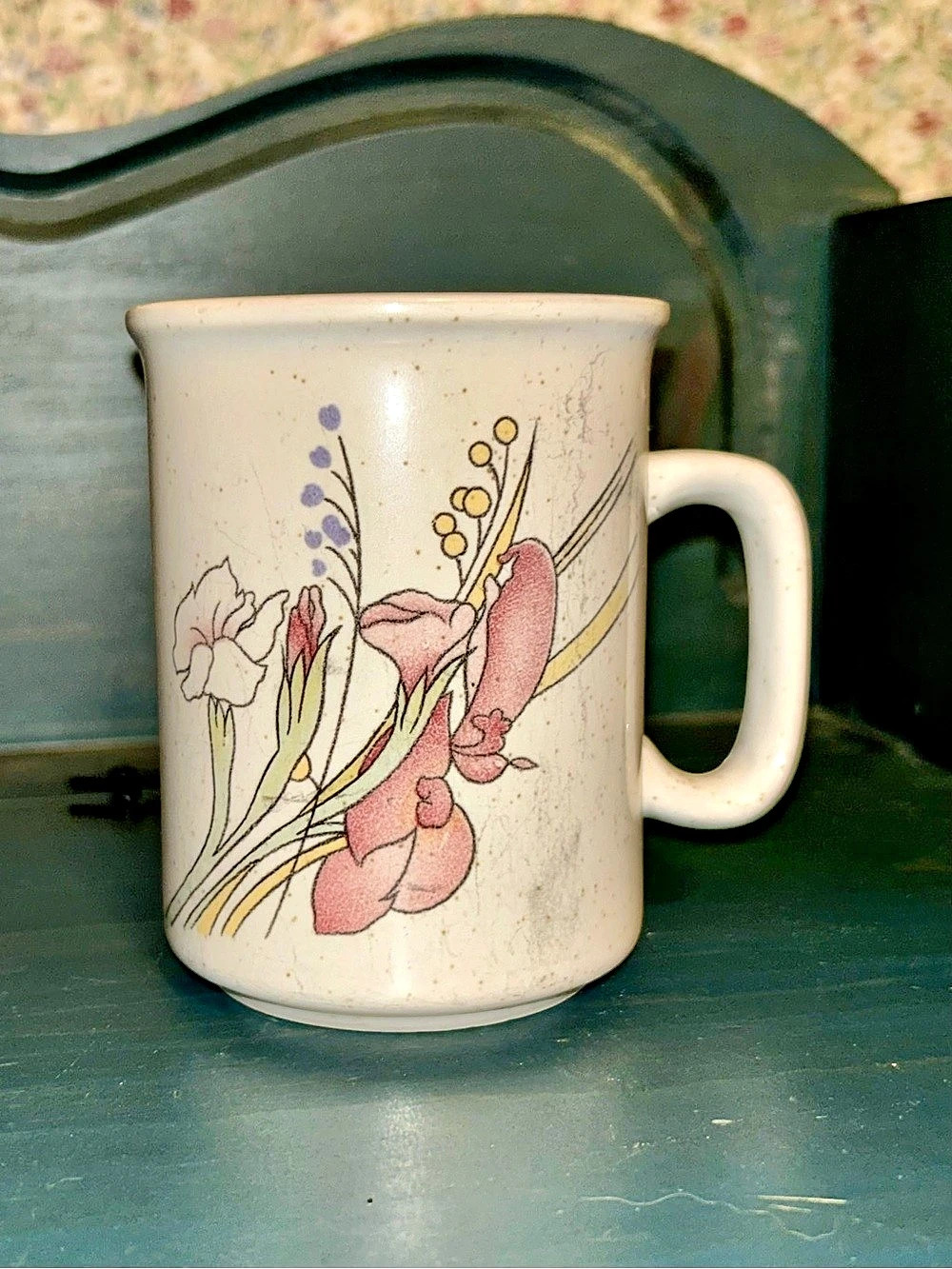 Vintage Pink Iris Floral Speckled Stoneware Mug